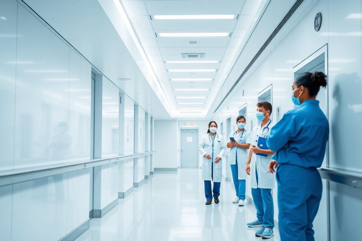 Modern hospital corridor with healthcare professionals